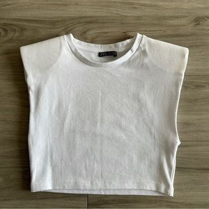 Zara S White Shoulder Pad Top Boxy Crew Neck Sleeveless